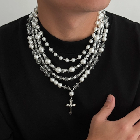 Collier Multi-rangs Hip Hop en Perles Artificielles et Cristal Acrylique Avec Pendentif Croix en Alliage Bijoux Streetwear Punk Gothique Pour Hommes Femmes