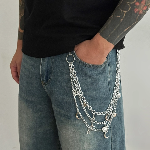 Hip Hop Metall Mehrlagige Taillenkette Punk Street Style Sonne Stern Mond Anhänger Hosen Gürtelkette Für Jeans Herren Damen Schmuck