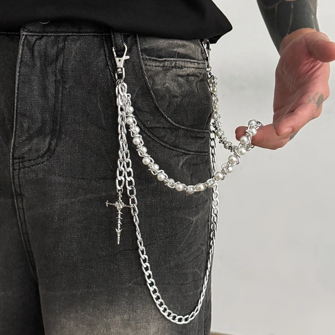 Catena per Pantaloni Multistrato Hip Hop Uomo Lega Argento Perla Artificiale Ciondolo Croce Catena in Vita Gothic Streetwear