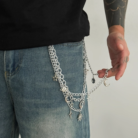 Hip Hop Metall Mehrlagige Taillenkette Punk Street Style Sonne Stern Mond Anhänger Hosen Gürtelkette Für Jeans Herren Damen Schmuck