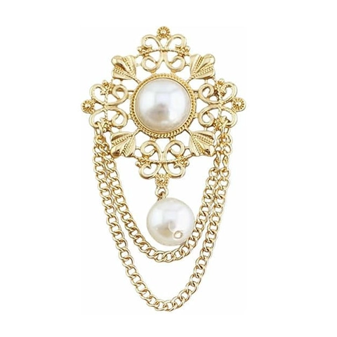 Vintage Baroque Artificial Pearl Tassel Brooch For Women Gold Alloy Hollow Chain Corsage Pin Fashion Jewelry Decoration Gift