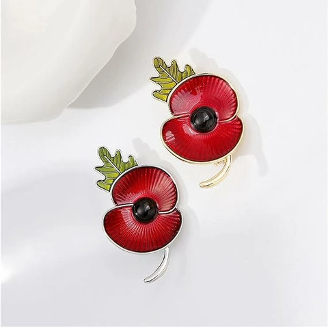 Vintage Red Enamel Poppy Flower Brooch For Remembrance Day Memorial Gift Alloy Green Leaf Floral Lapel Pin Jewelry For Women Men