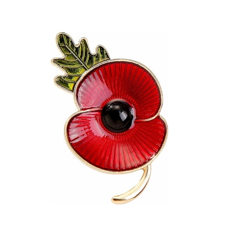 Vintage Red Enamel Poppy Flower Brooch For Remembrance Day Memorial Gift Alloy Green Leaf Floral Lapel Pin Jewelry For Women Men