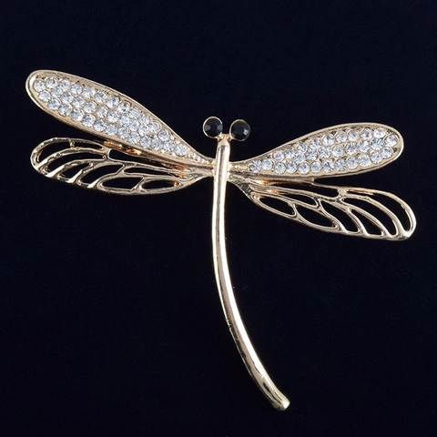 Elegante Spilla a Libellula in Lega Dorata Con Strass Bianchi Scintillanti e Occhi in Gemma Nera Per Spilla da Giacca da Donna