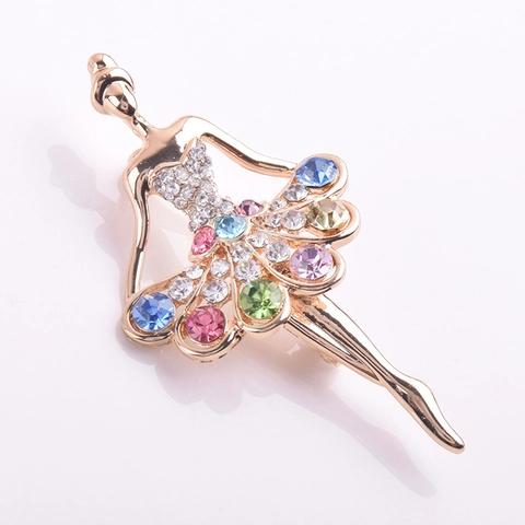 Ballet Dancer Brooch Alloy Gold Plated Multicolor Rhinestone Elegant Crystal Pin For Women Wedding Party Clothing Decor