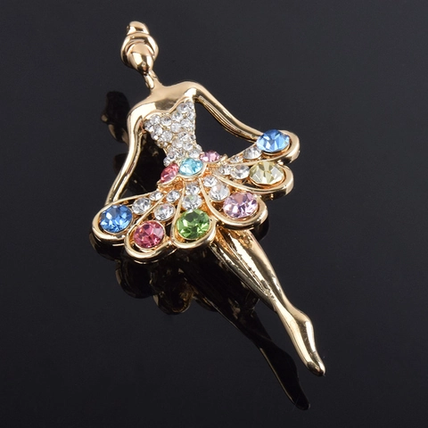 Ballet Dancer Brooch Alloy Gold Plated Multicolor Rhinestone Elegant Crystal Pin For Women Wedding Party Clothing Decor