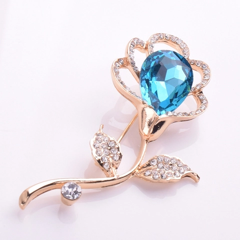 Vintage Elegant Alloy Rose Flower Brooch Blue Waterdrop Crystal White Rhinestone Corsage Pin Jewelry Women Accessory