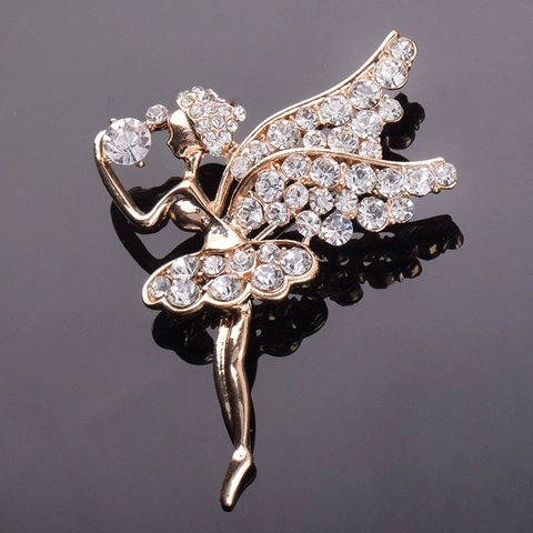 Broche de Bailarina Ángel Hada Aleación Chapada en Oro Blanco Strass Cristal Elegante Niña Bailando Joyería para Mujer Boda Fiesta