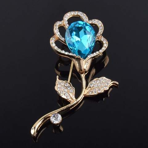 Vintage Elegant Alloy Rose Flower Brooch Blue Waterdrop Crystal White Rhinestone Corsage Pin Jewelry Women Accessory