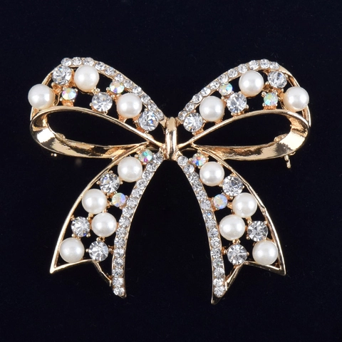 Elegante Spilla a Fiocco per Donna in Lega con Perle Artificiali Oro Moda Strass Accessorio per Abiti e Vestiti Gioielli