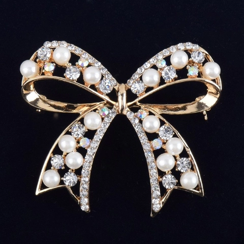 Elegant Bowknot Brooch For Women Alloy Artificial Pearl Breastpin Gold Fashion Rhinestone Clothes Dress Accessory Jewelry