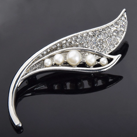 Elegante Broche de Hoja de Aleación para Mujer Alta Calidad Diamante de Imitación Perla Artificial Alfiler Moda Botánico Decoración Joyería Regalo