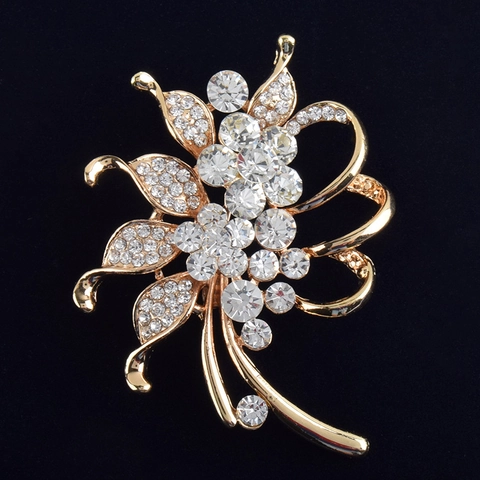 Elegante Goldene Legierung Blumenbrosche Mit Weißen Strass Kristall Eingelegt Floral Korsage Pin Für Damen Anzug Schmuck