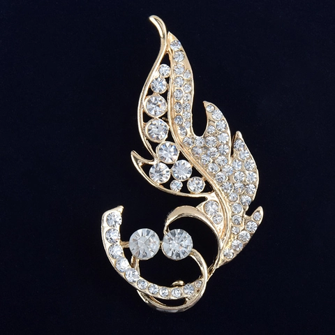 Elegant Leaf Shape Alloy Brooch For Women Gold Color With Pave White Rhinestones Fashion Jewelry Clothes Pin Accessories
