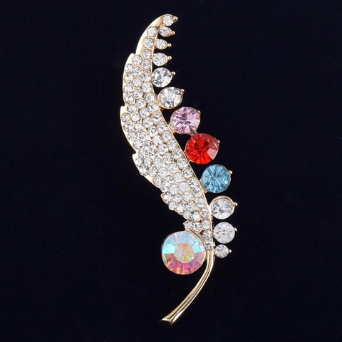 Spilla a Forma di Foglia in Lega Vintage con Strass per Donna Multicolore Elegante Gioielli a Forma di Piuma per Banchetti e Feste