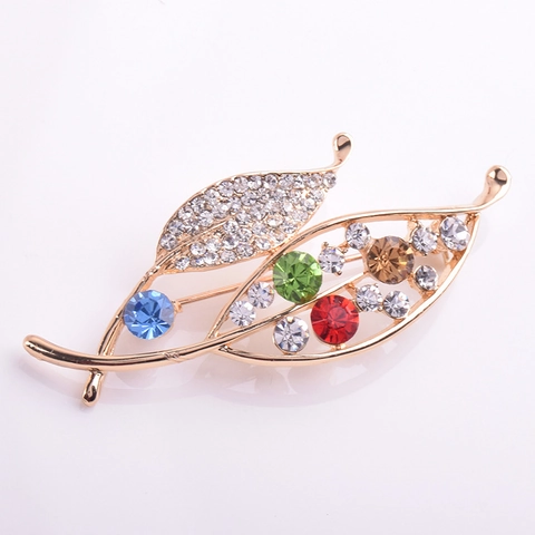 Elegant Korean Style Leaf Shaped Brooch For Women Gold Plated Alloy With Multicolored Rhinestones Crystal Fashion Accessory Jewelry