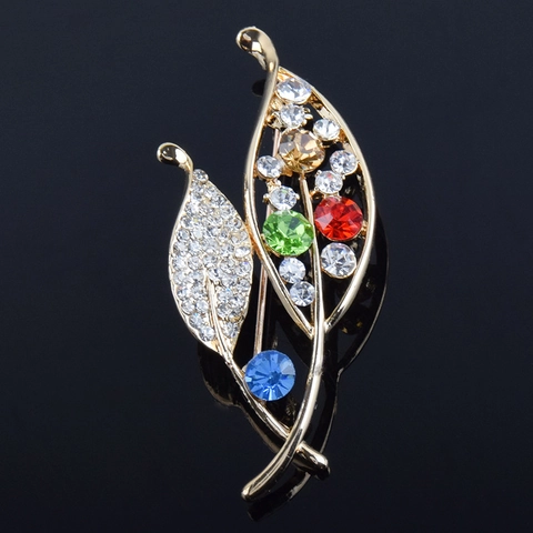 Elegant Korean Style Leaf Shaped Brooch For Women Gold Plated Alloy With Multicolored Rhinestones Crystal Fashion Accessory Jewelry