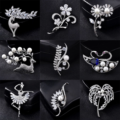 Luxury Copper Brooch For Women High Grade Inlaid Zirconia Artificial Pearl Pin Elegant Floral Scarf Buckle Fashion Accessories Jewelry