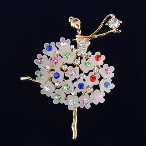 Elegant Colorful Rhinestone Ballet Girl Brooch For Women Alloy 3D Flower Ballerina Pin For Suit Dress Fashion Jewelry Gift