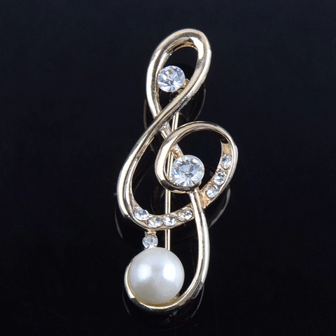 Elegant Gold Musical Note Brooch Pin Alloy With Rhinestone Artificial Pearl For Women Fashion Clothing Jewelry Accessories