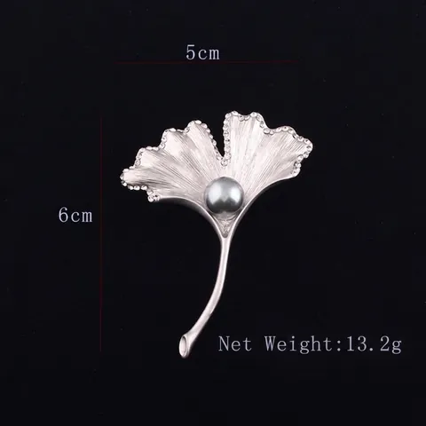 Spilla a Forma di Foglia di Ginkgo in Lega Vintage Perla Artificial Sintetica Strass Smalto Blu Oro Argento Elegante Gioielli Donna