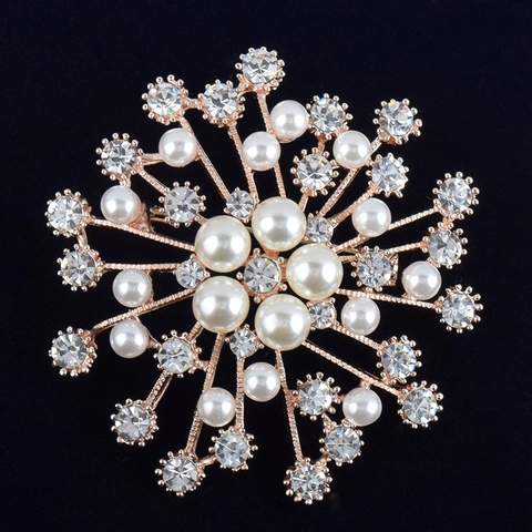 Elegant Rose Gold Alloy Snowflake Flower Brooch With Faux Artificial Pearl And Rhinestone For Women Party Suit Dress Lapel Pin