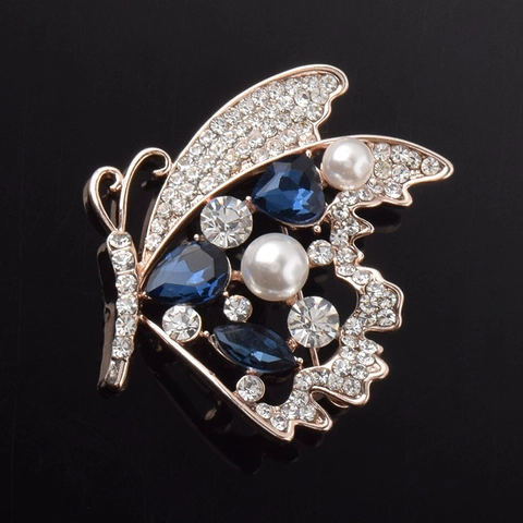 Eleganter Roségold Legierung Schmetterling Brosche Mit Blauen Kristallen Weißen Strasssteinen Und Kunstperlen Für Damen Hochzeit Schmuck