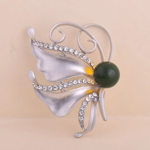 Elegante Matte Silber Legierung Schmetterling Brosche Für Damen Mit Dunkelgrüner Perle Strass Eingelegt Vintage Bankett Schmuck
