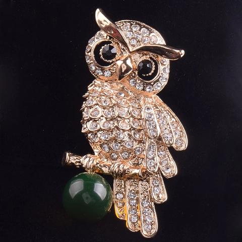 Vintage Luxe Uil Broche Voor Vrouwen Vergulde Legering Met Witte Strass Steentjes En Groene Kraal Mode Sieraden