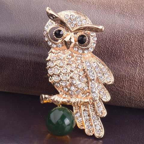 Vintage Luxe Uil Broche Voor Vrouwen Vergulde Legering Met Witte Strass Steentjes En Groene Kraal Mode Sieraden