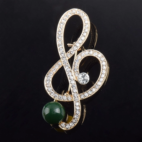 Elegante Spilla a Forma di Nota Musicale in Lega Con Strass E Perla Artificial Sintetica Verde Oro Gioielli Musicali da Donna