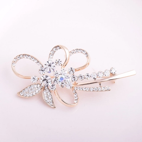 Elegant Alloy Rhinestone Flower Brooch For Women Gold Color Floral Corsage Pin For Wedding Party Commuting Fashion Jewelry