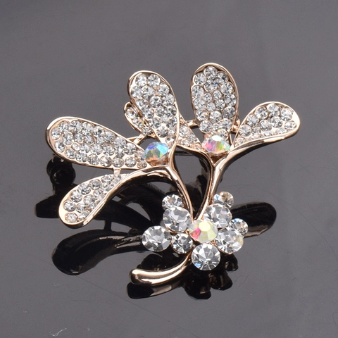 Elegant Alloy Flower Brooch For Women Rose Gold Rhinestone Inlaid Floral Leaf Lapel Pin Fashion Jewelry Accessories Gift