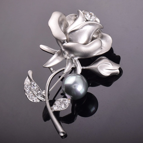 Elegant Alloy Rose Flower Brooch Matte Silver With Artificial Pearl And Rhinestone For Women Wedding Party Jewelry Gift
