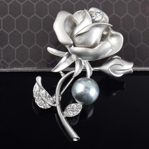 Elegant Alloy Rose Flower Brooch Matte Silver With Artificial Pearl And Rhinestone For Women Wedding Party Jewelry Gift