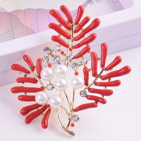 Spilla a Forma di Fiore con Ramo di Corallo Rosso Etnico Vintage per Donna Lega d'Oro Smalto Perla Artificiale Turchese Strass Gioielli da Spilla Floreale