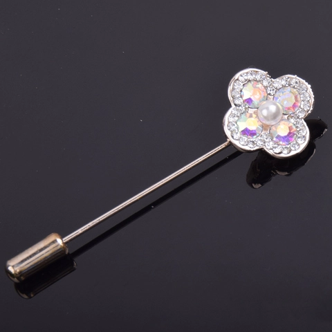 Eleganter Legierung Blumen Brosche Mit Künstlicher Perle Und AB Strass Für Damen Hochzeit Party Koreanisch Lange Nadel Schmuck
