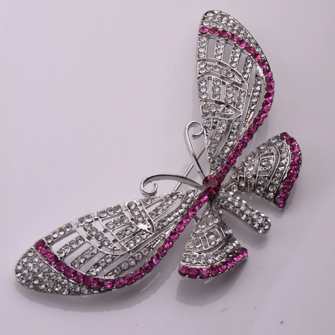 Mode Legierung Strass Schmetterling Brosche Für Damen Eleganter Hohl Design Silber Basis Rosarot Kristall Schmuck Geschenk