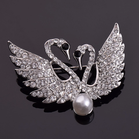 Elegant Double Swan Brooch Pin For Women Silver Plated Alloy Rhinestone Faux Artificial Pearl Brooches For Wedding Party Jewelry Gift