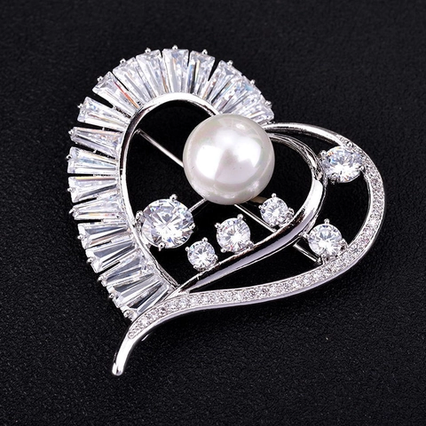 Elegante Broche de Cobre y Circonia en Forma de Corazón Con Perla Artificial para Mujer Accesorio de Ropa de Moda Joyería Regalo
