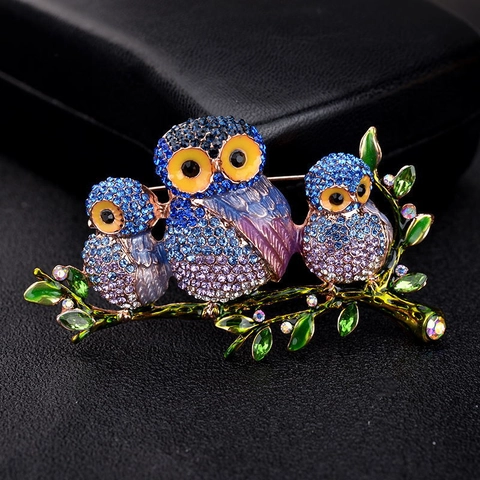 Vintage Alloy Rhinestone Owl Branch Brooch For Women Enamel Animal Breastpin Party Banquet Fashion Jewelry Gift