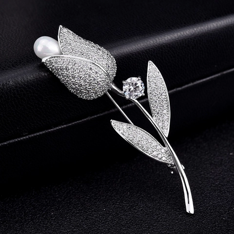 Elegante Broche de Flor de Tulipán para Mujer Con Micro Zirconia Diamante de Imitación Perla Artificial Cobre Plateado Joyería de Boda