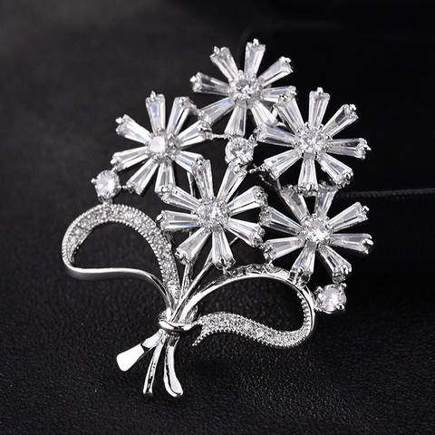 Elegante Broche de Ramo de Margaritas de Circonia para Mujer Ramillete de Flores de Cobre Plateado Brillante Joyería de Moda