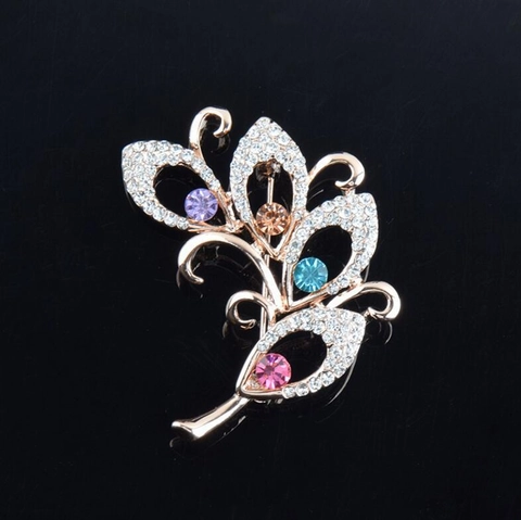 Elegante Roségold Legierung Strass Blume Blatt Brosche Für Damen Vintage Bunte Kristall Nadel Für Hochzeit Party Deko Schmuck