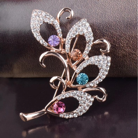 Elegante Roségold Legierung Strass Blume Blatt Brosche Für Damen Vintage Bunte Kristall Nadel Für Hochzeit Party Deko Schmuck