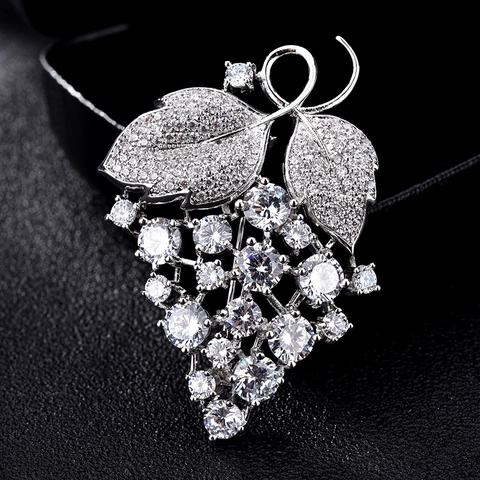 Elegant Grape Shape Zirconia Brooch For Women Silver Color Metal Plant Brooch Pin For Wedding Party Fine Jewelry Gift