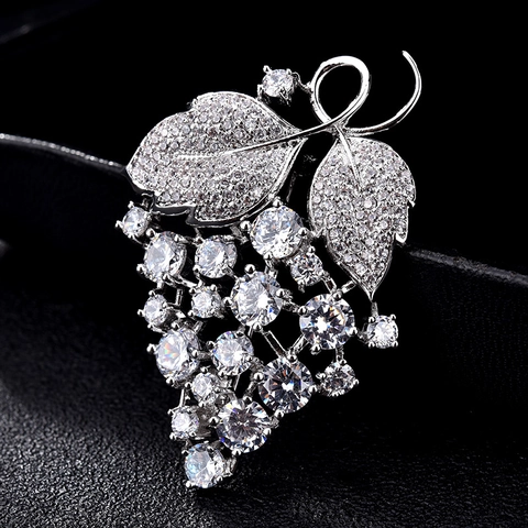 Elegant Grape Shape Zirconia Brooch For Women Silver Color Metal Plant Brooch Pin For Wedding Party Fine Jewelry Gift