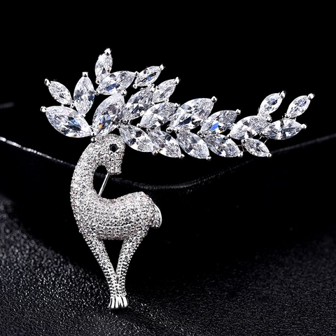 Elegante Broche de Ciervo de Cobre con Diamantes de Imitación para Mujer Joyería de Moda Animal Alce Alfiler de Solapa Accesorios para Vestidos de Boda y Banquete