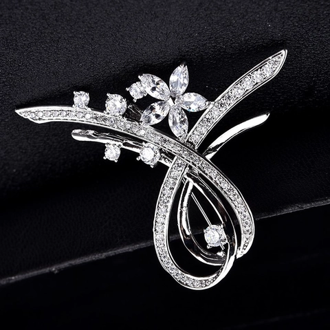 Luxury Copper Zirconia Flower Brooch For Women Elegant Ribbon Pin Korean Style White Gold Color Wedding Jewelry Accessories