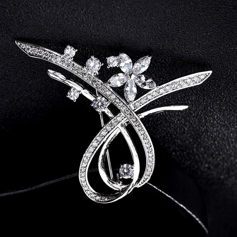 Luxury Copper Zirconia Flower Brooch For Women Elegant Ribbon Pin Korean Style White Gold Color Wedding Jewelry Accessories